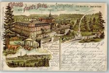 08261 O9655 Schöneck , Vogtl 1898 Lithographie Hotel Funke zum Schützenhaus Hirsch Stallgebäude Schiefshalle Bahnpost Chemnitz-Adorf Zg. 1776