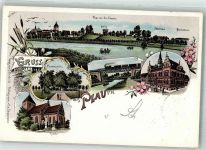 19395 O2864 Plau 1898 Lithographie Schule Krankenhaus Friedenseichen Eisenbahnbrücke Rathaus