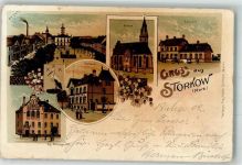 15859 O1233 Storkow , Mark 1902 Gebrauchsspuren Lithographie Stadtwappen Kgl. Amtsgericht Postamt Kirche Bahnhof Marktplatz