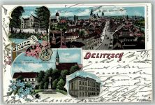 04509 O7270 Delitzsch 1901 Lithographie Realschule Schulze-Delitzsch-Denkmal Marienkirche Wappen