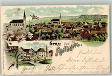 86447 W8901 Aindling 1900 Lithographie Marktplatz Dorfkirche