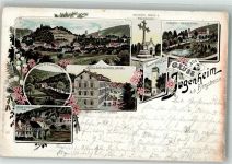 64342 W6104 Seeheim-Jugenheim 1895 Gebrauchsspuren Lithographie Goldenes Kreuz u. Mausoleum Schloss Heiligenberg