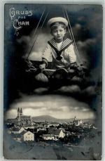 W8490 Cham , Oberpf Im Korb Kind im Matrosenanzug WK I Ballon 1915 Foto AK