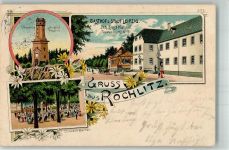 09306 O9290 Rochlitz 1914 Lithographie Friedrich August-Turm Gasthaus zur Stadt Leipzig Konzertgarten