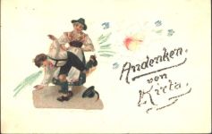 AK mit aufgeklebter Oblate Tanzendes Paar, handgeritzt, handgemalt, Glimmerschrift Trachten Bayern Collage