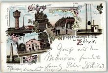01619 O8401 Zeithain 1897 Lithographie Wasserwerk Kaiser Wilhelm Allee Korb Signal Offiziers Casino Pyramide Lustlager Fabrik Rauch Pfer Mann Uniform Blumen Gruss Eichenblatt
