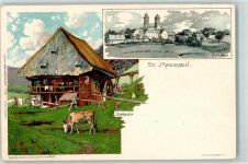 79274 W7811 St. Märgen Lithographie / Künstlerkarte Klosterkirche Rankmühle Kuh sign. K. Mutter