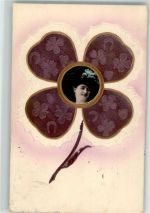 Frauenkopf Foto Jugendstil Glückskleeblatt 1907 Prägedruck