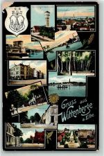 19322 O2900 Wittenberge , Prignitz 1911 Gebrauchsspuren Wasserturm Elbbrücke Hafen Bahnstraße Wappen