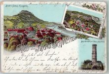 01824 O8305 Königstein , Sächs Schweiz 1897 Lithographie Panorama des Ortes mit der Festung Bad Schweizermühle Aussichtsturm auf dem Hohen Schneeberg