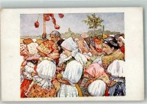 sign. Uprka, Joza Prozession mit Frauen in bunter Tracht Trachten Slowakei 1922 Künstlerkarte