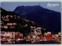 Bergen Foto AK Hafen und Berg Ulriken Luftpost