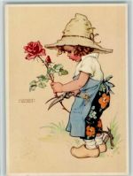 sign Lungers Hausen - Kind mit Rosen und einer Rosenschere , Holzschuhe AK Künstler 1940