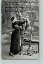 Leb wohl mein Bräutchen schön Soldat küsst Frau Gedicht Gewehr Kuss