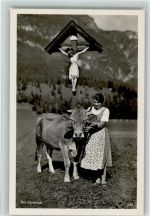 Wegekreuz - Bäuerin mit ihrer Kuh AK Kuh 1938 Foto AK