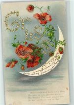 mit Glasperlenauflage Mondsichel Mohnblumen Spruch Lithographie Himmelskörper AK mit Glitzer