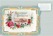 Muster gestanzt - Glimmer, Gestanzte Glückwunschkarte - Hände halten sich, Rosen, Vergissmeinnicht - keine AK Besondere Karte Lithographie / Prägedruck
