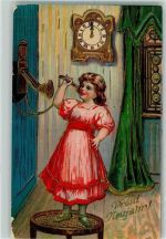 Neujahr Uhr goldgeprägt AK Telefon 1914 Folienkarte / Lackkarte