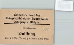 W6330 Wetzlar Mitgliedsausweis Nr. 679 Einheitsverband der Kriegsgeschädigten Derutschlands Ausweis KEINE AK