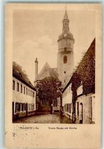 01896 O8514 Pulsnitz 1913 Gebrauchsspuren Kurze Gasse mit Kirche