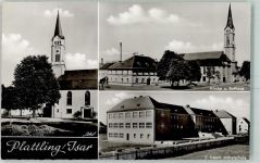 94447 W8350 Plattling - Kirche Rathaus Schornstein Staatliche Mittelschule Zaun