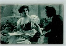 Liebespaar - Händchen halten AK Jugendstil Interieur Buch lesen 1905