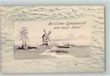 Neujahr - Windmühle im Winter AK Reliefdruck 1908 Prägedruck