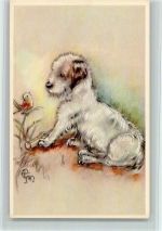 Künstlerkarte - Vogel und Hund , gute Erhaltung Terrier