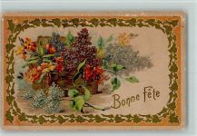 Bonne Fete - Blumenkorb - Eichenlaub Verzierung Flieder 1914 Prägedruck