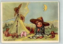 Zelt Mondschein Karikatur Pfadfinder Lithographie / Künstlerkarte