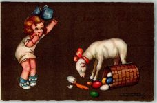 Ostern Korb mit bunten Eiern, Schaf Mädchen Maleur Corbella, T. 1929 Gebrauchsspuren