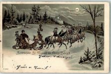 Schlittenfahrt bei Nacht Adel Ludwig II Lithographie / Mondschein