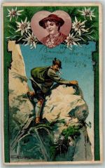 Bergsteiger Edelweiß Herz Poesie / Liebe Döcker, E. 1902 Lithographie / Mondschein