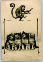 Prägedruck Seilakrobat Affe blanciert auf dem Seil Katze 1900 Gebrauchsspuren