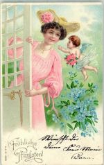 Frau mit Amor Vergissmeinnicht Blüten Pfingsten 1906 Prägedruck