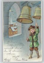 Weihnachten Kirchturm Glocken Glitzer 1900 Lithographie