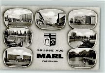 45768 W4370 Marl , Westf - Theater und Theaterrestaurant Bergstrasse Paracelsus-Klinik Chemische Werke Parkbad Loemühle St. Marien-Hospital Volkspark Schwäne Mehrfachaufnahme Wappen