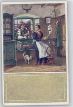 Bäuerin sitzt am Fenster mit einem Spinnrad, Strickkorb, Katze Spinnerei 1918