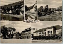 07407 O6822 Schwarza - Partie an der Schwarza HOG Goldener Löwe Teilansicht Saalfelder Straße Kulturhaus des VEB Kunstfaserwerk Wilhelm Pieck Mehrfachaufnahme Foto Krieg