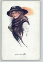 Sweet Seventeen - Pelzmode - Hutmode, Glamour Frau Fisher, B. 1914 Künstlerkarte
