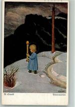 Wintermärchen - Kind mit Heiligenschein Schiestl Künstlerkarte