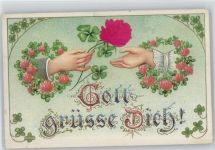 Hände reichen , Glückklee , Gott grüsse Dich , Seidenapplikation Stoffapplikation 1911 Lithographie / Prägedruck