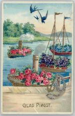 Glad Pingst - Schwalben, Schiffe mit Blumen, Litho Präge Golddruck Pfingsten Folienkarte / Lackkarte