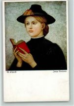 Junge Tirolerin, Bibel lesen Schiestl Künstlerkarte