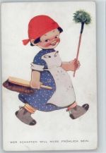Kind mit Staubmop und Handbesen Attwell, M. L. 1934 Künstlerkarte