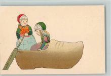Hollandkinder rudern in einem Holzschuh, Holzschuh Künstlerkarte