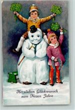 Neujahr - Kinder mit Kleeblättern, Schneemann 1930