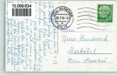 30823 W3008 Garbsen 1956 - Kanal mit Binnenschiff, Strasse, Gemeindehaus, gute Erhaltung AK