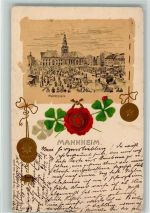 W6800 Mannheim Marktplatz Marktszene Siegel Vierblättriges Kleeblatt Marienkäfer Pflanzen 1900 Prägedruck