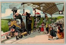 sign. J.v. Kulas Humor AK Eisenbahn 1900 Lithographie / Künstlerkarte